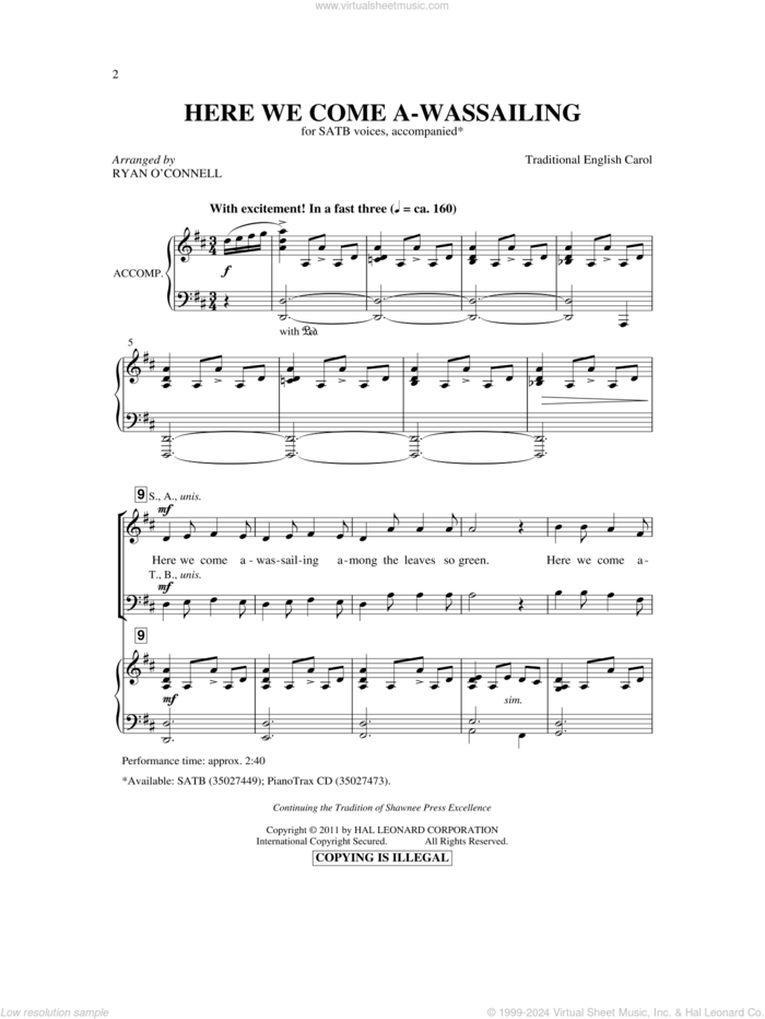 Here We Come A-Wassailing sheet music for choir (SATB: soprano, alto, tenor, bass) by Ryan O'Connell and Miscellaneous, intermediate skill level