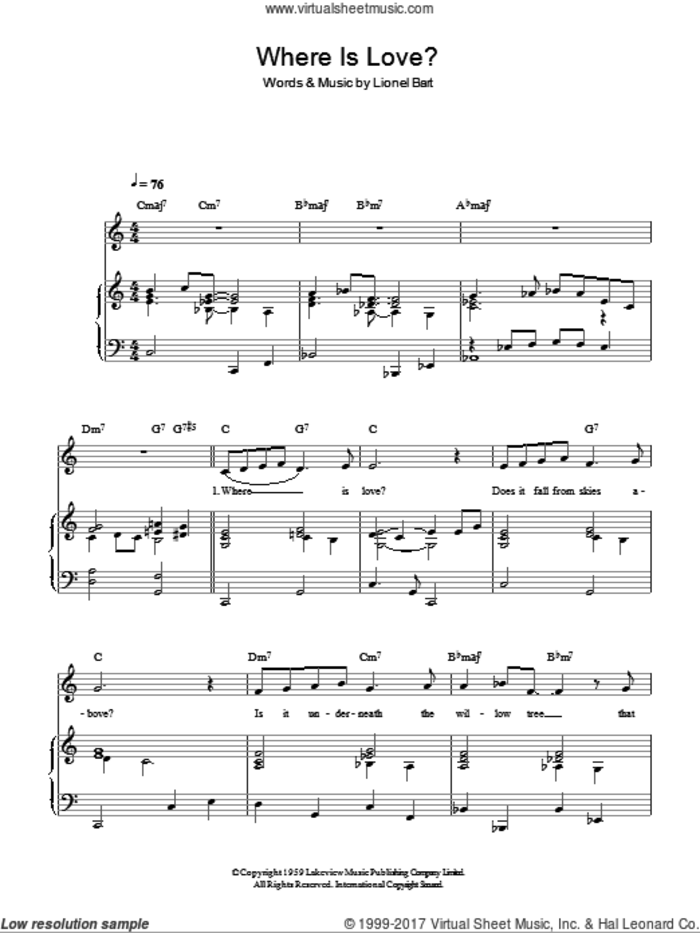 Where Is Love? sheet music for voice, piano or guitar by Lionel Bart and Oliver! (Musical), intermediate skill level