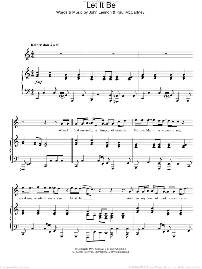 Let It Be sheet music for voice, piano or guitar by The Beatles, John Lennon and Paul McCartney, intermediate skill level