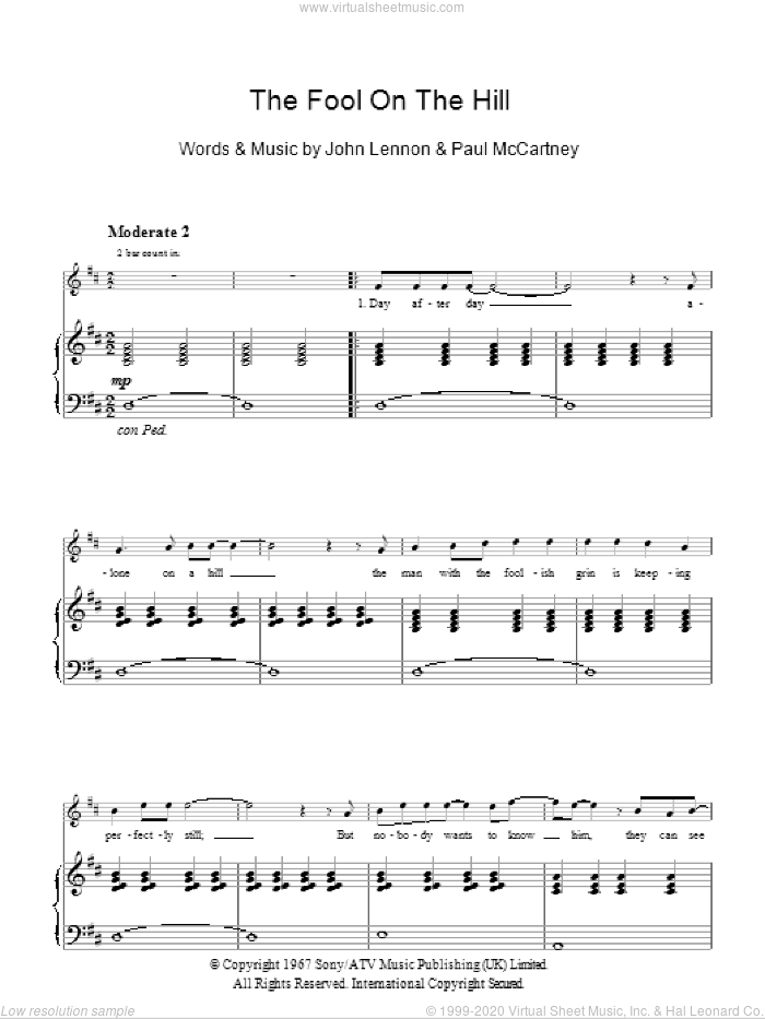 The Fool On The Hill sheet music for voice, piano or guitar by The Beatles, John Lennon and Paul McCartney, intermediate skill level