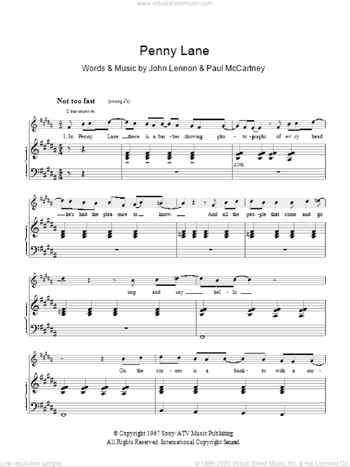 Penny Lane sheet music for voice, piano or guitar by The Beatles, John Lennon and Paul McCartney, intermediate skill level