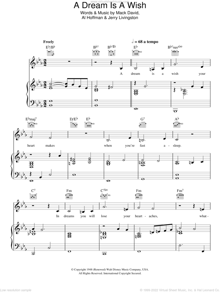 A Dream Is A Wish Your Heart Makes (from Cinderella) sheet music for voice, piano or guitar by John Lennon, Ilene Woods, Linda Ronstadt, Al Hoffman, Jerry Livingston and Mack David, wedding score, intermediate skill level