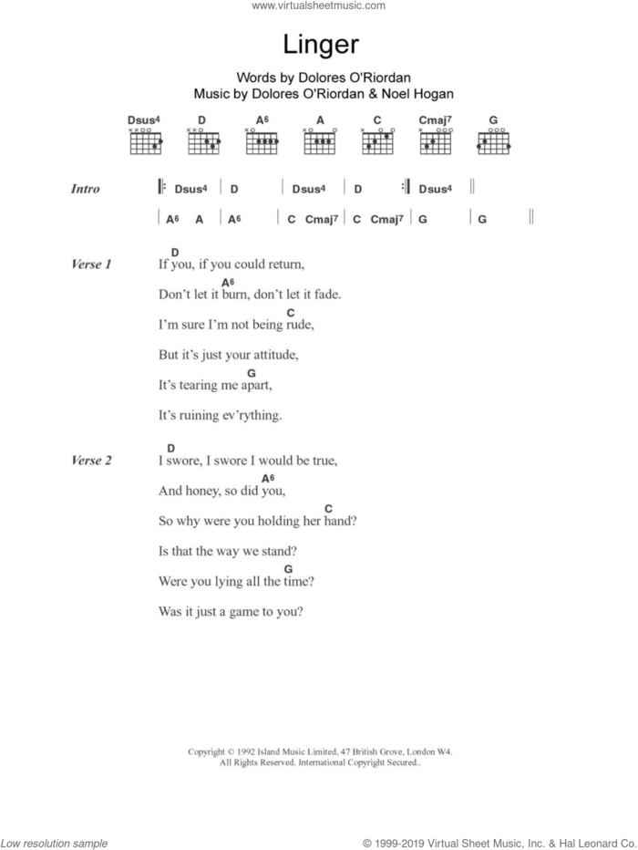 Linger sheet music for guitar (chords) by The Cranberries and Noel Hogan, intermediate skill level