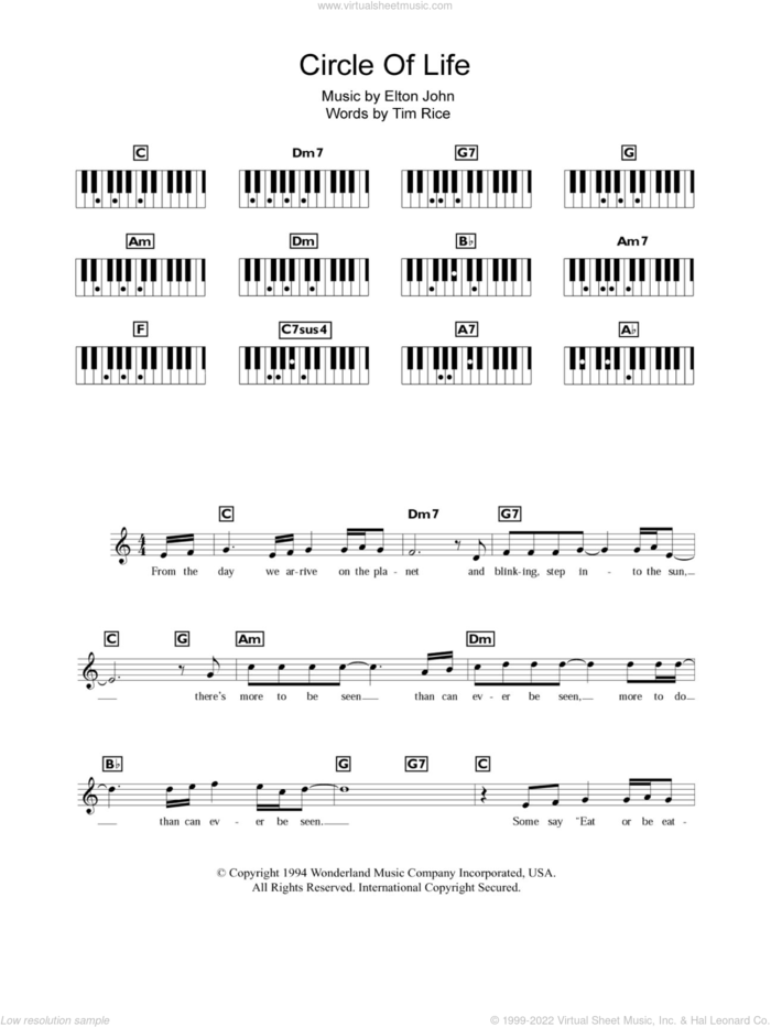Circle Of Life (from The Lion King) sheet music for piano solo (keyboard) by Elton John and Tim Rice, intermediate piano (keyboard)