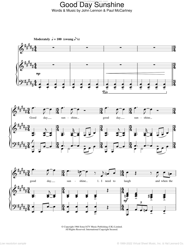 Good Day Sunshine sheet music for voice, piano or guitar by The Beatles, John Lennon and Paul McCartney, intermediate skill level