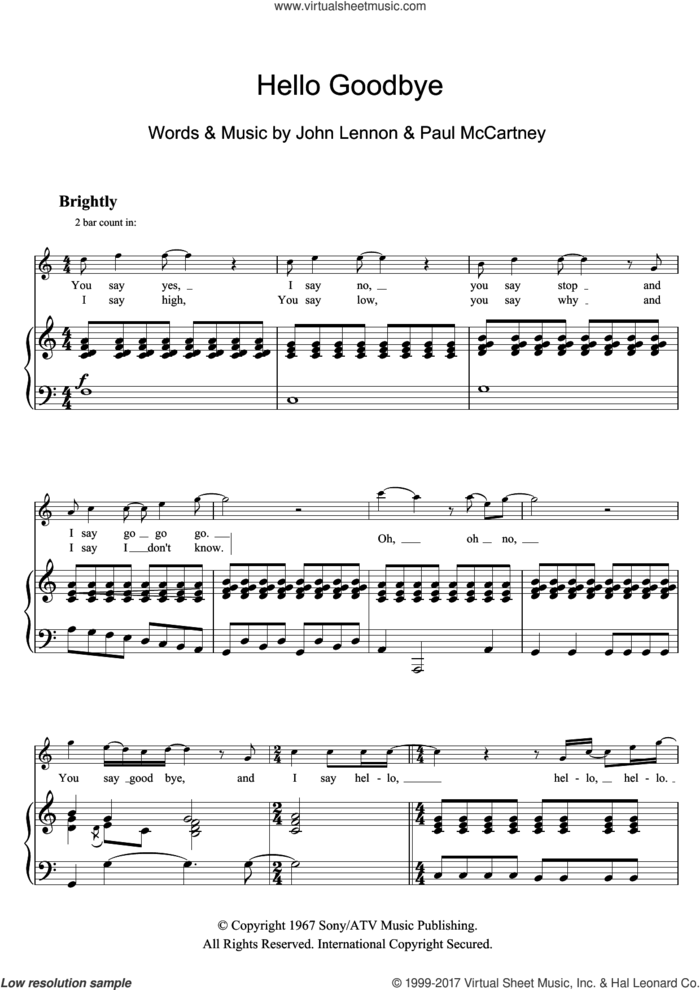 Hello, Goodbye sheet music for voice and piano by The Beatles, John Lennon and Paul McCartney, intermediate skill level
