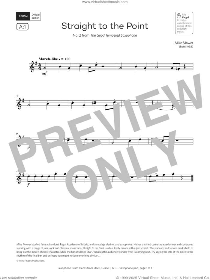 Straight to the Point (Grade 1, list A1, from the ABRSM Saxophone Syllabus from 2026) sheet music for saxophone solo by Mike Mower, classical score, intermediate skill level