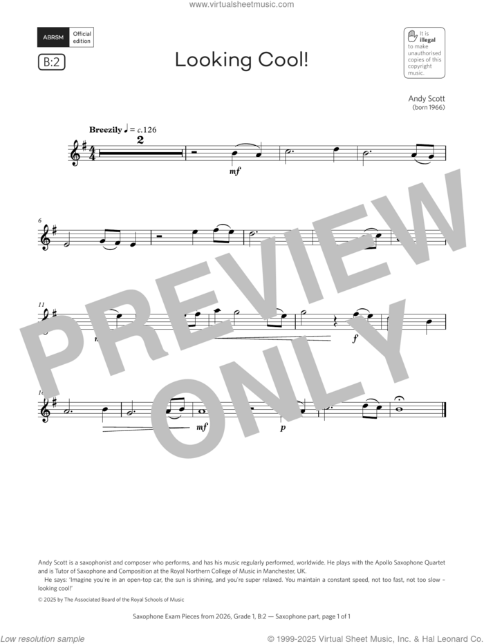 Looking Cool! (Grade 1, list B2, from the ABRSM Saxophone Syllabus from 2026) sheet music for saxophone solo by Andy Scott, classical score, intermediate skill level