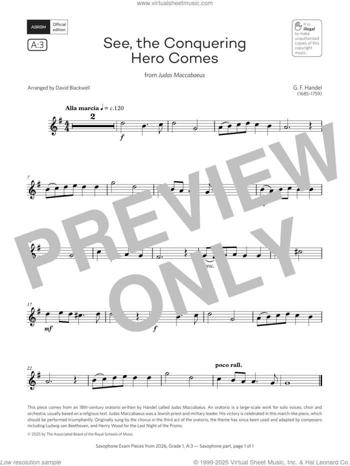 See, the Conquering (Grade 1, list A3, from the ABRSM Saxophone Syllabus from 2026) sheet music for saxophone solo by George Frideric Handel and David Blackwell, classical score, intermediate skill level