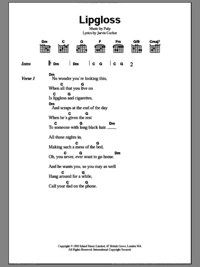 Lipgloss sheet music for guitar (chords) by Pulp and Jarvis Cocker, intermediate skill level