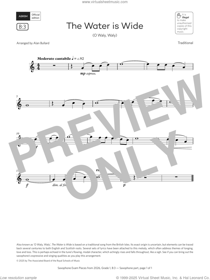 The Water is Wide (Grade 1, list B3, from the ABRSM Saxophone Syllabus from 2026) sheet music for saxophone solo by Alan Bullard and Miscellaneous, classical score, intermediate skill level