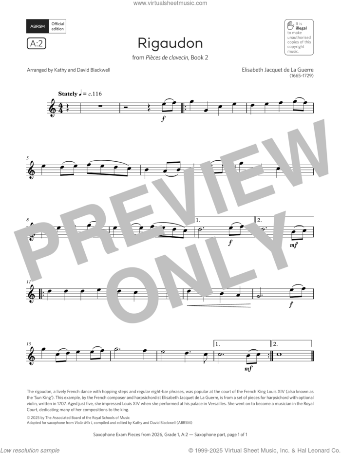 Rigaudon (Grade 1, list A2, from the ABRSM Saxophone Syllabus from 2026) sheet music for saxophone solo by Elisabeth Jacquet de La Guerre, David Blackwell and Kathy Blackwell, classical score, intermediate skill level
