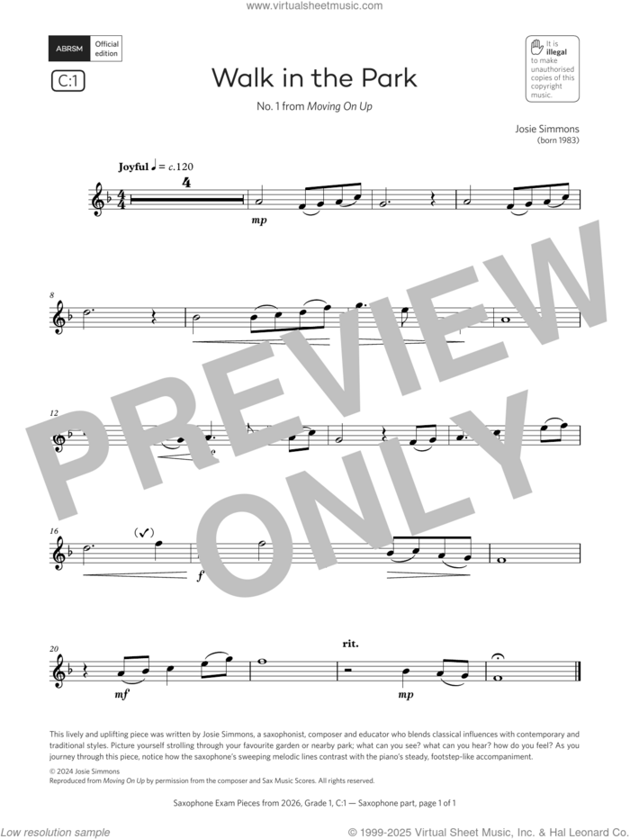 Walk in the Park (Grade 1, list C1, from the ABRSM Saxophone Syllabus from 2026) sheet music for saxophone solo by Josie Simmons, classical score, intermediate skill level