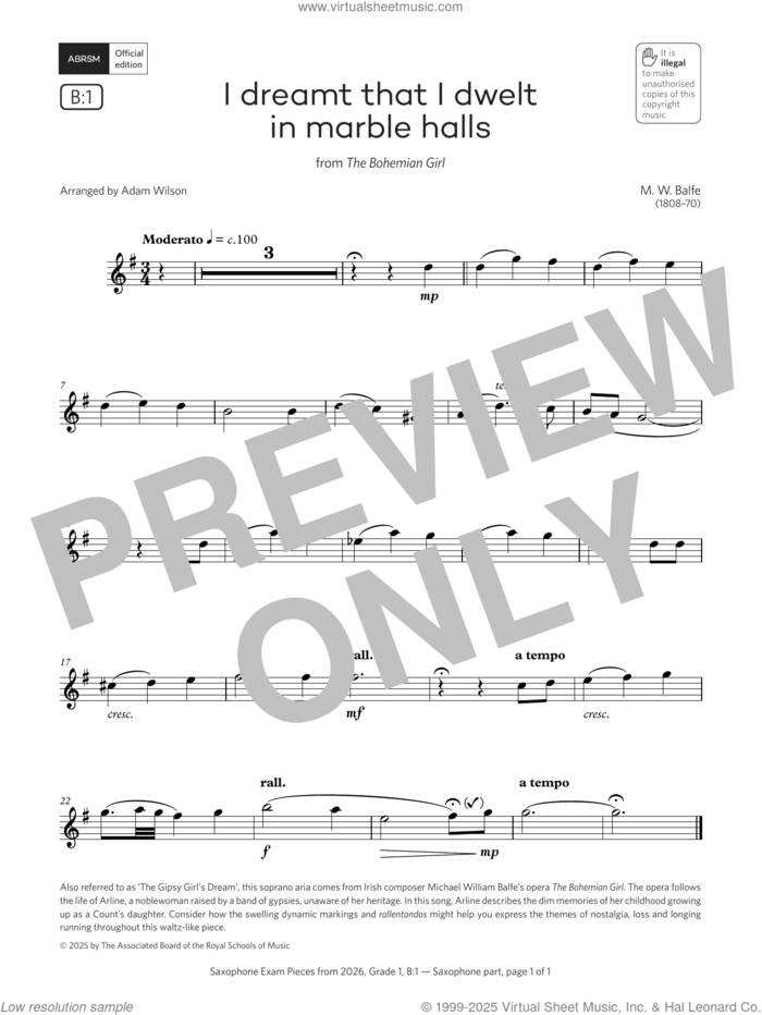 I dreamt that I dwelt (Grade 1, list B1, from the ABRSM Saxophone Syllabus from 2026) sheet music for saxophone solo by Michael W. Balfe and Adam Wilson, classical score, intermediate skill level
