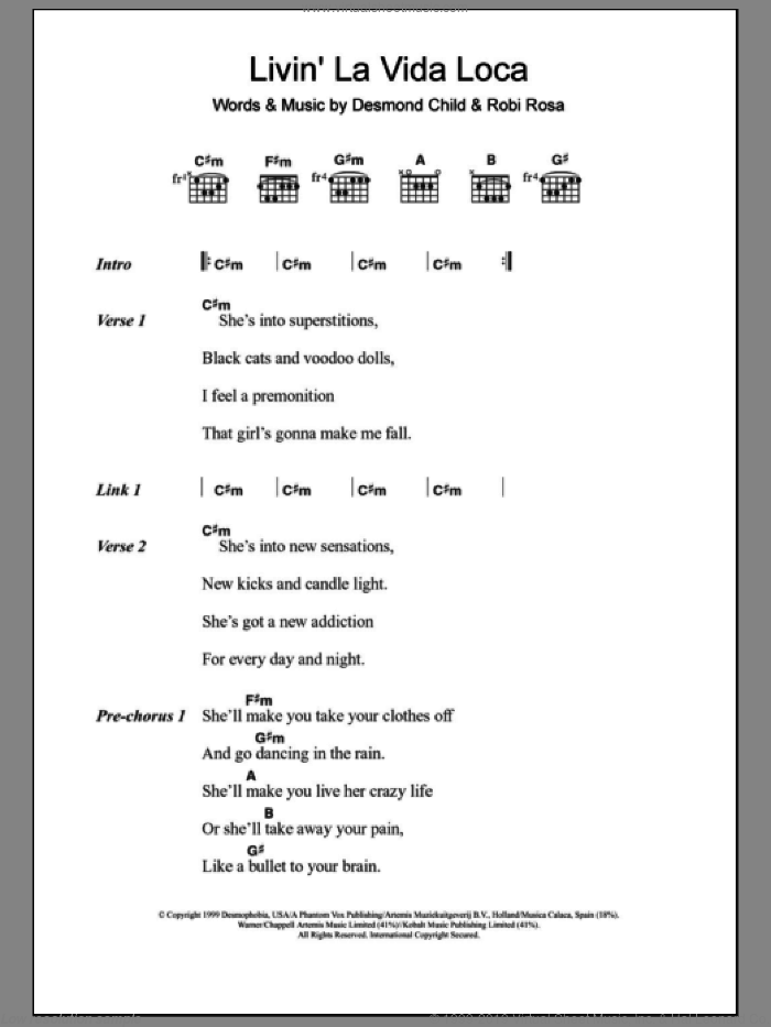 Livin' La Vida Loca sheet music for guitar (chords) by Ricky Martin and Desmond Child, intermediate skill level