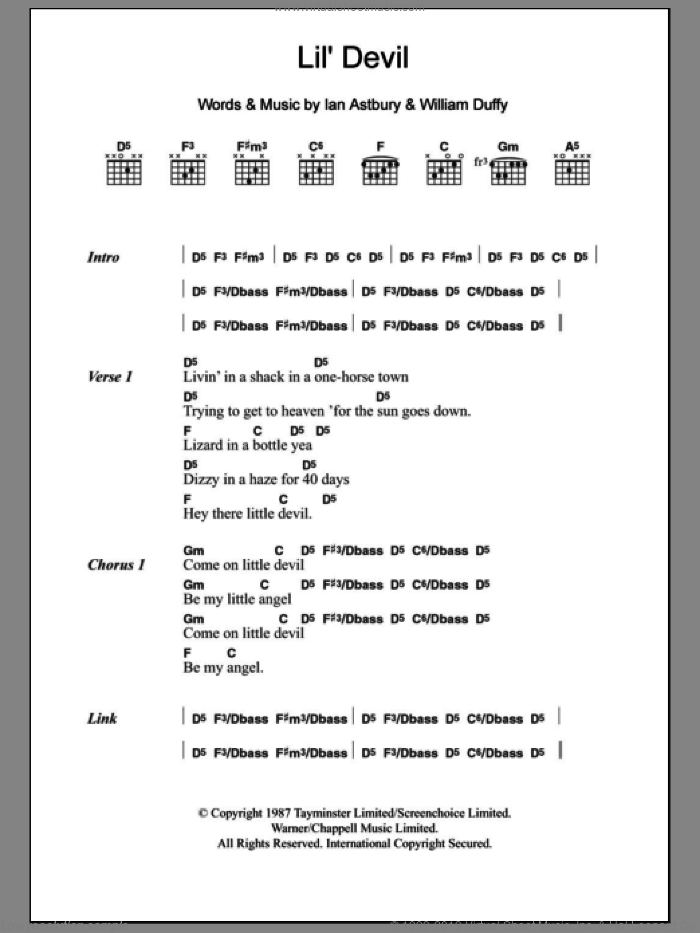 Lil' Devil sheet music for guitar (chords) by The Cult, Ian Astbury and William Duffy, intermediate skill level