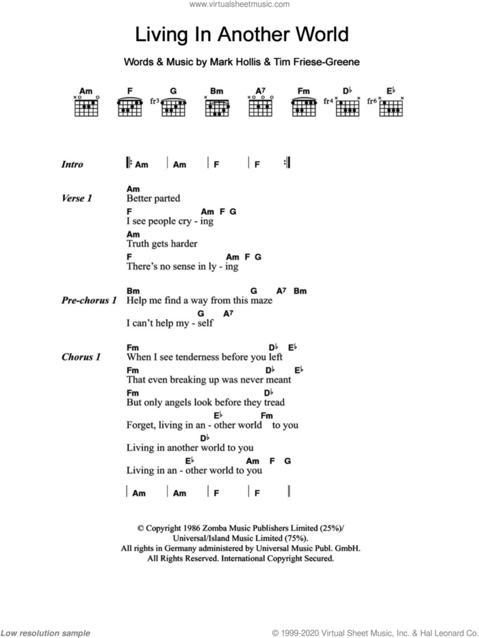 Living In Another World sheet music for guitar (chords) by Talk Talk, Mark Hollis and Tim Friese-Greene, intermediate skill level