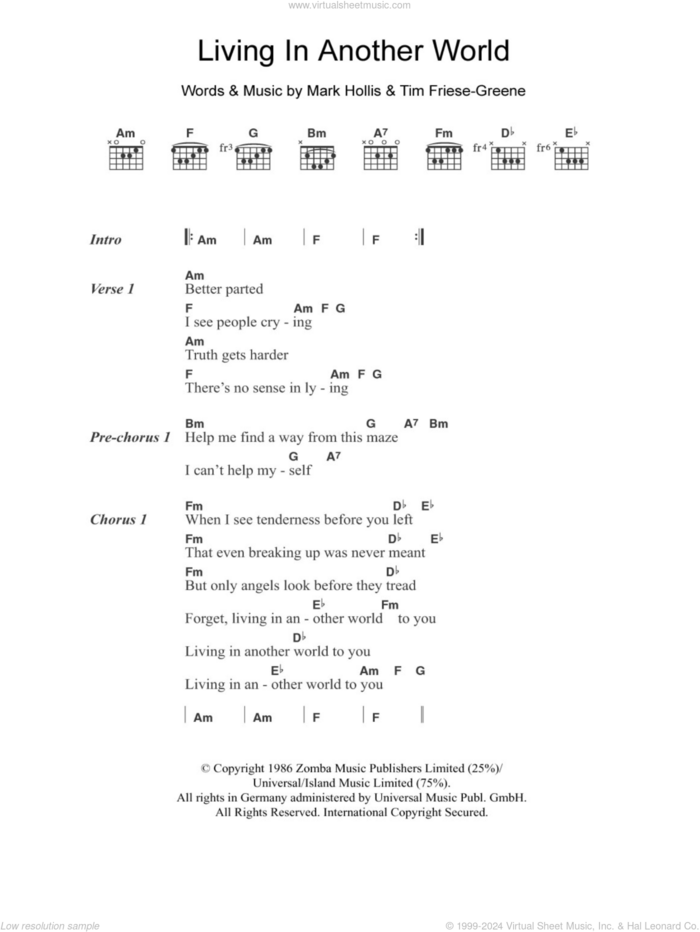 Living In Another World sheet music for guitar (chords) by Talk Talk, Mark Hollis and Tim Friese-Greene, intermediate skill level