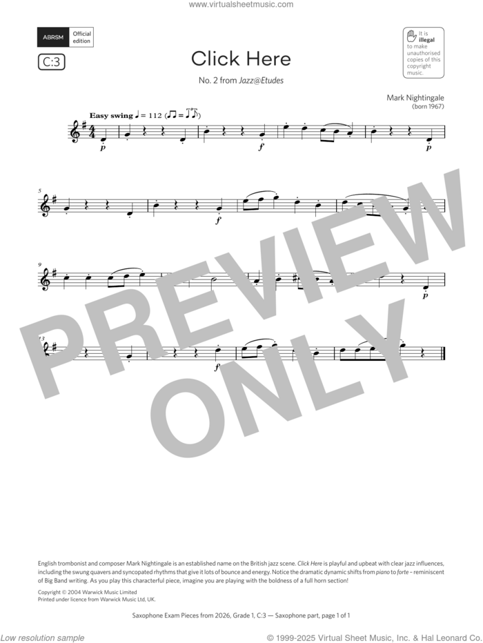 Click Here (Grade 1, list C3, from the ABRSM Saxophone Syllabus from 2026) sheet music for saxophone solo by Mark Nightingale, classical score, intermediate skill level