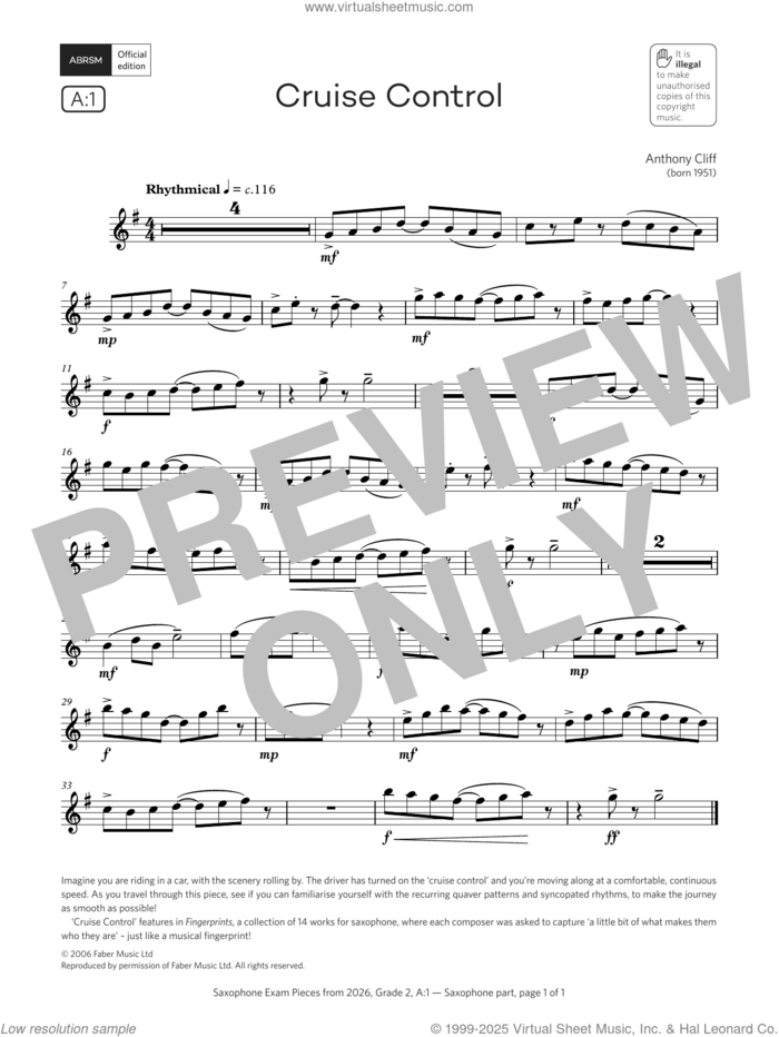 Cruise Control (Grade 2, list A1, from the ABRSM Saxophone Syllabus from 2026) sheet music for saxophone solo by Anthony Cliff, classical score, intermediate skill level