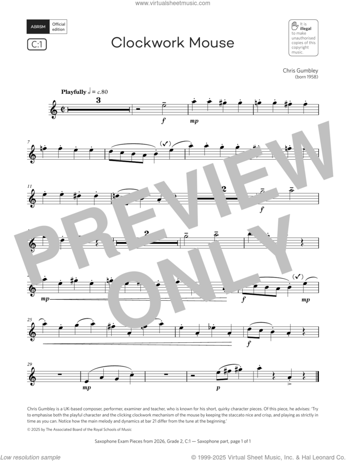 Clockwork Mouse (Grade 2, list C1, from the ABRSM Saxophone Syllabus from 2026) sheet music for saxophone solo by Chris Gumbley, classical score, intermediate skill level