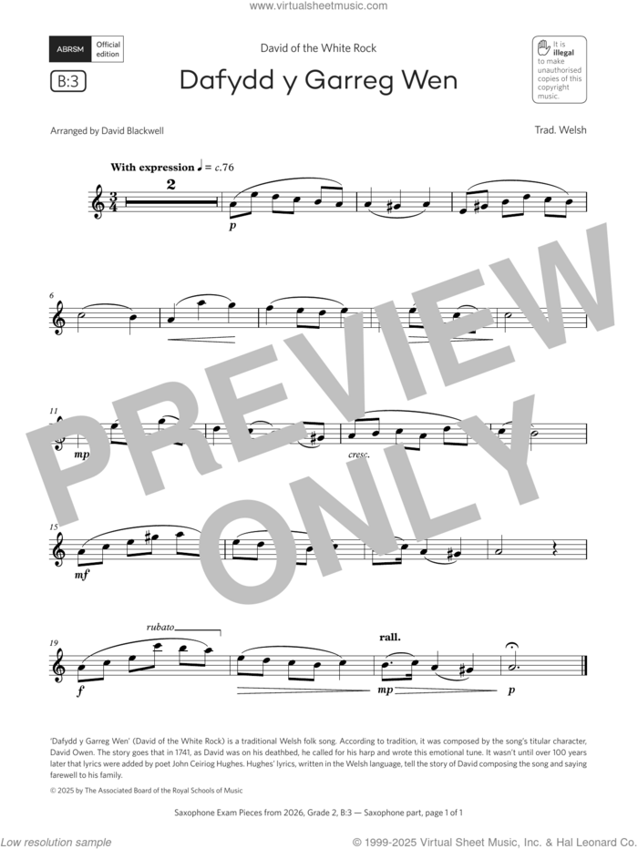 Dafydd y Garreg Wen (Grade 2, list B3, from the ABRSM Saxophone Syllabus from 2026) sheet music for saxophone solo by Trad. Welsh and David Blackwell, classical score, intermediate skill level