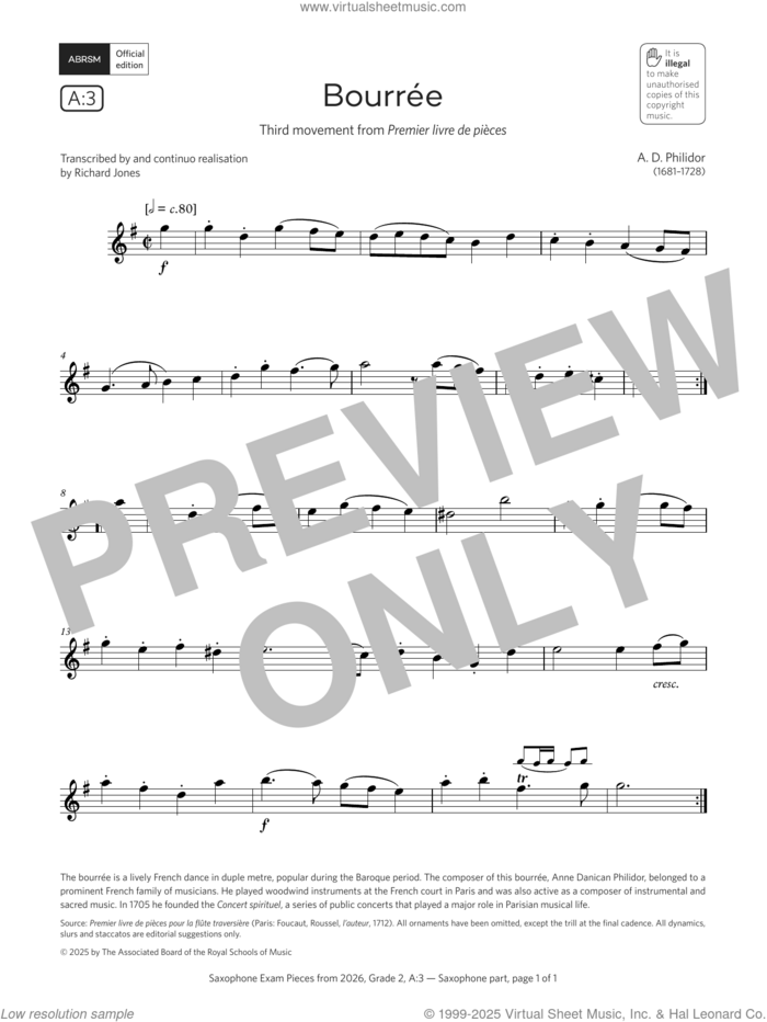 Bourree (Grade 2, list A3, from the ABRSM Saxophone Syllabus from 2026) sheet music for saxophone solo by Anne Danican Philidor, classical score, intermediate skill level