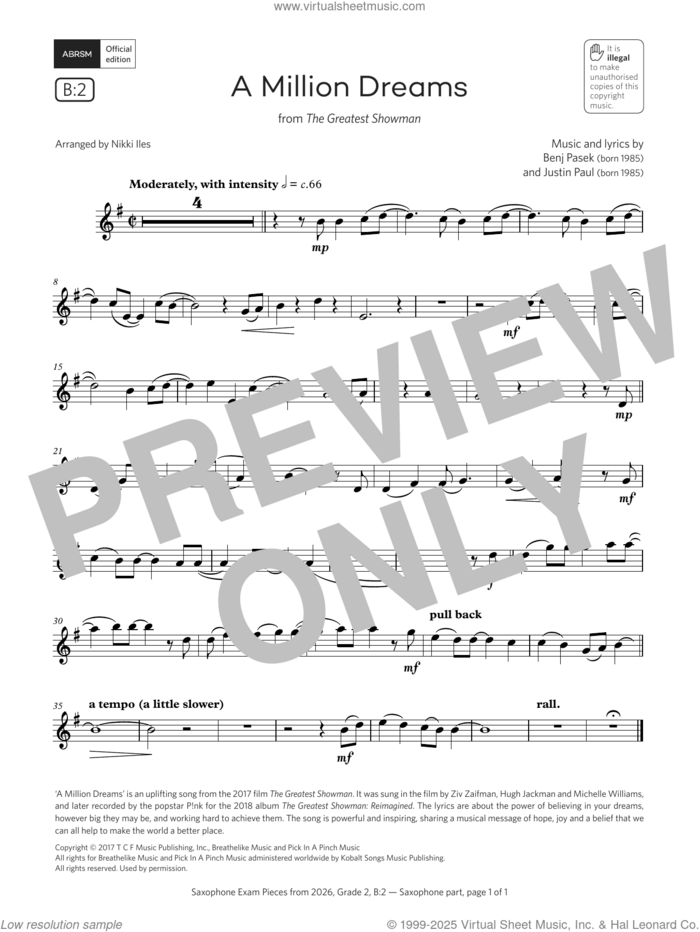 A Million Dreams (Grade 2, list B2, from the ABRSM Saxophone Syllabus from 2026) sheet music for saxophone solo by Benj Pasek, Nikki Iles, Justin Paul and Pasek & Paul, classical score, intermediate skill level
