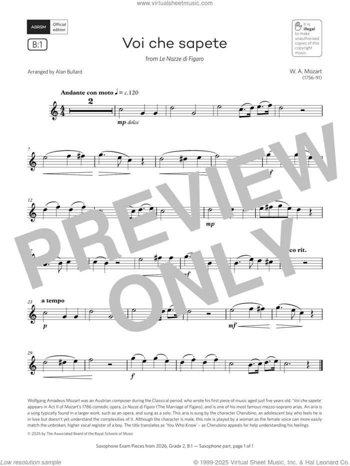 Voi che sapete (Grade 2, list B1, from the ABRSM Saxophone Syllabus from 2026) sheet music for saxophone solo by Wolfgang Amadeus Mozart and Alan Bullard, classical score, intermediate skill level