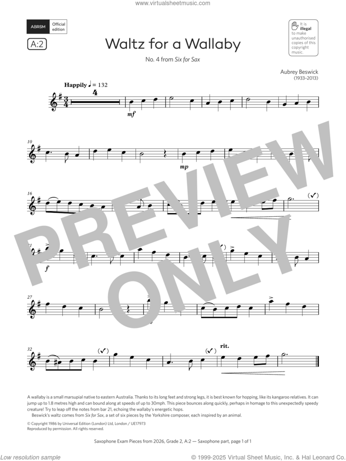 Waltz for a Wallaby (Grade 2, list A2, from the ABRSM Saxophone Syllabus from 2026) sheet music for saxophone solo by Aubrey Beswick, classical score, intermediate skill level