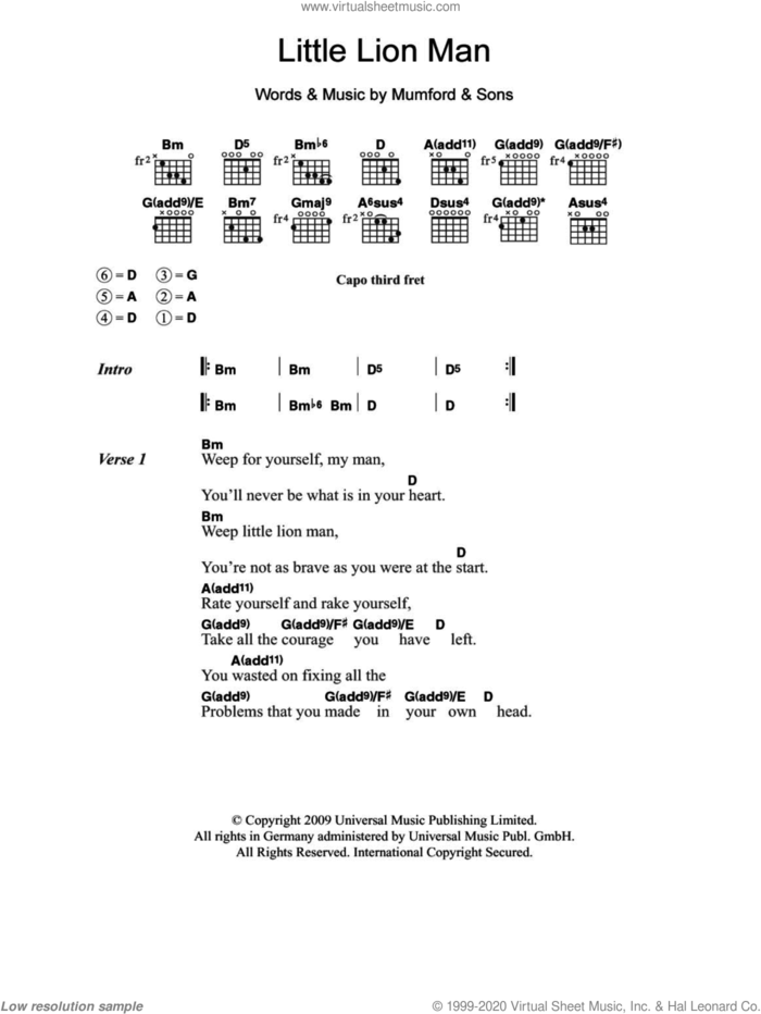 Little Lion Man sheet music for guitar (chords) by Mumford & Sons, intermediate skill level