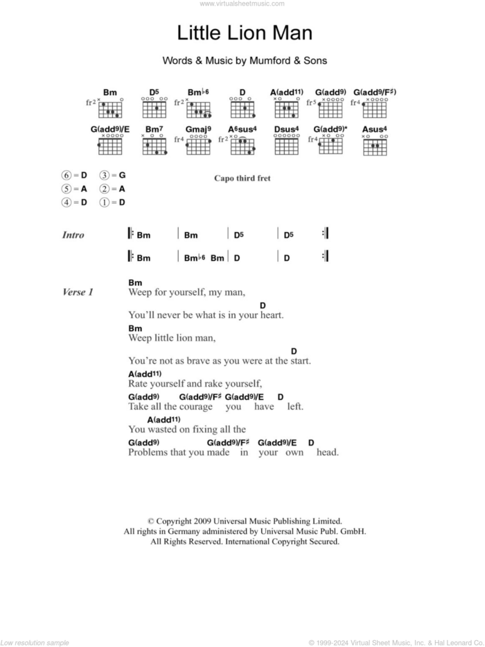 Little Lion Man sheet music for guitar (chords) by Mumford & Sons, intermediate skill level