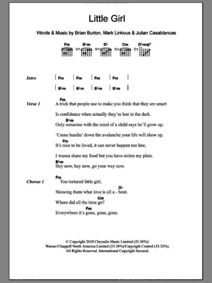 Little Girl sheet music for guitar (chords) by Danger Mouse & Sparklehorse featuring Julian Casablancas, Brian Burton, Julian Casablancas and Mark Linkous, intermediate skill level