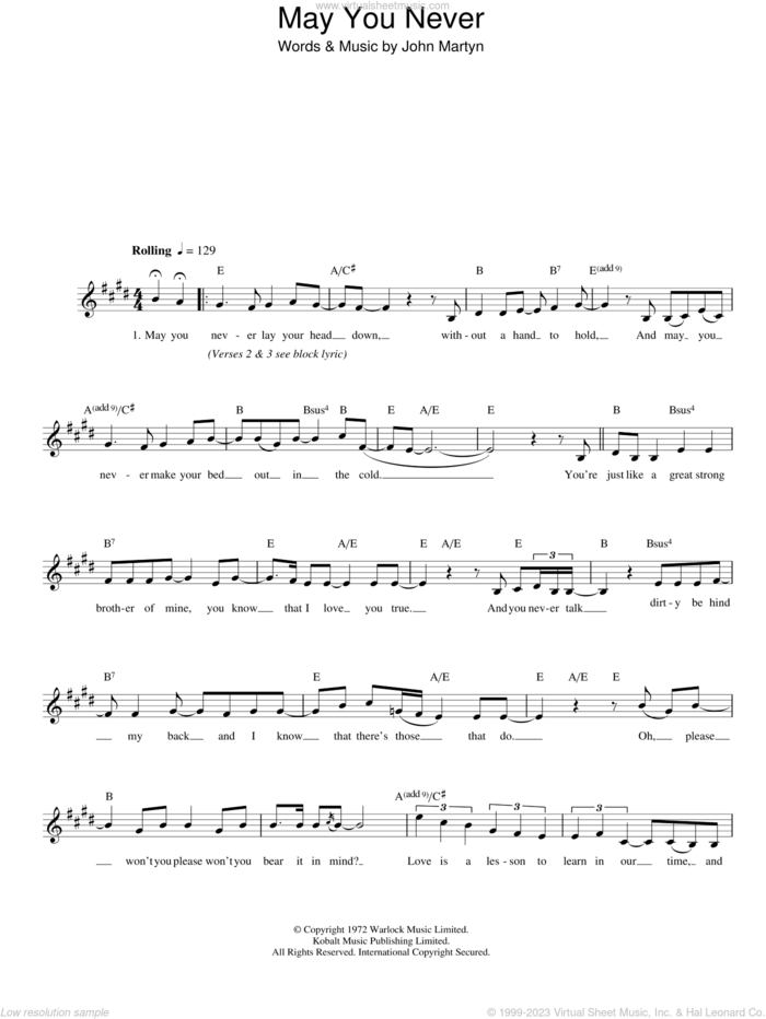 May You Never sheet music for voice and other instruments (fake book) by John Martyn, intermediate skill level