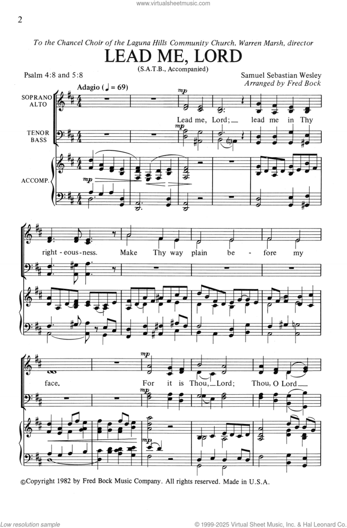 Lead Me, Lord (arr. Fred Bock) sheet music for choir (SATB: soprano, alto, tenor, bass) by Samuel Sebastian Wesley and Fred Bock, intermediate skill level
