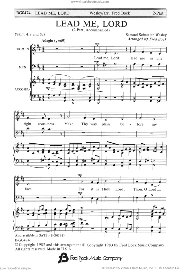 Lead Me, Lord (arr. Fred Bock) sheet music for choir (2-Part) by Samuel Sebastian Wesley and Fred Bock, intermediate duet