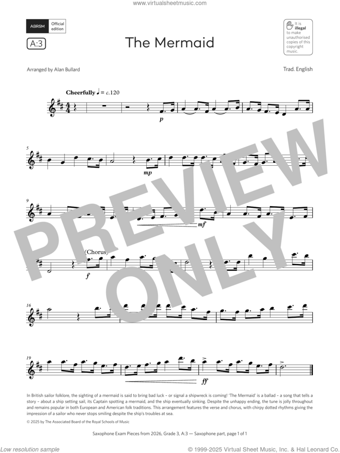 The Mermaid (Grade 3, list A3, from the ABRSM Saxophone Syllabus from 2026) sheet music for saxophone solo by Trad. English and Alan Bullard, classical score, intermediate skill level
