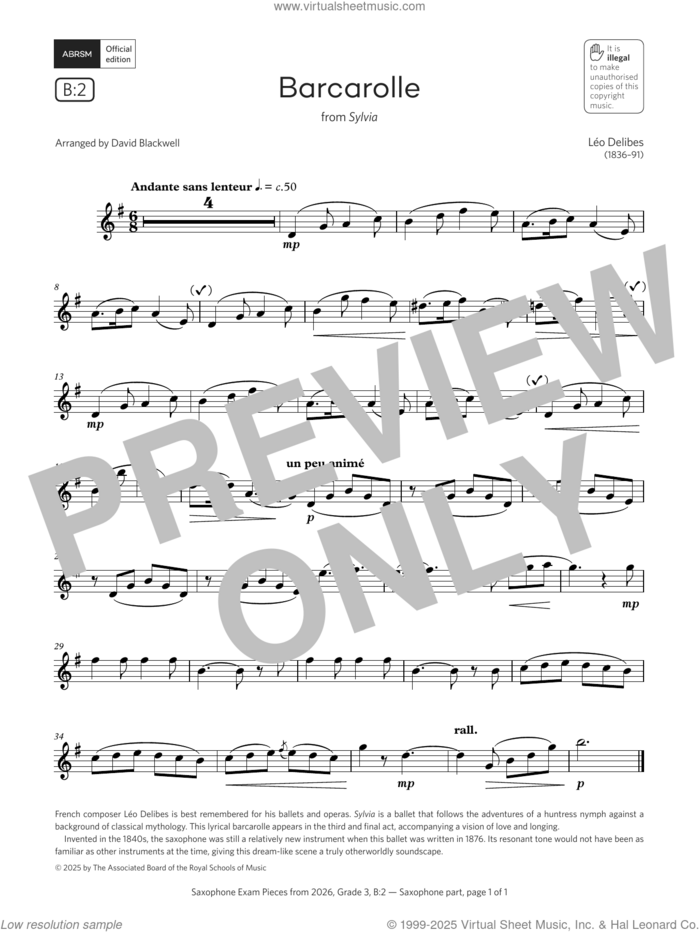 Barcarolle (Grade 3, list B2, from the ABRSM Saxophone Syllabus from 2026) sheet music for saxophone solo by Léo Delibes and David Blackwell, classical score, intermediate skill level