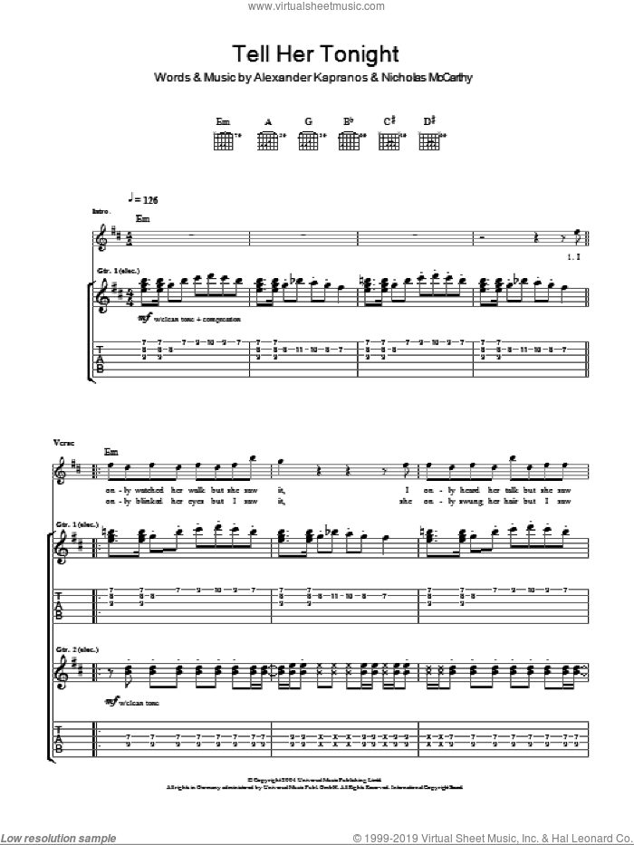 Tell Her Tonight sheet music for guitar (tablature) by Franz Ferdinand, Alexander Kapranos and Nicholas McCarthy, intermediate skill level