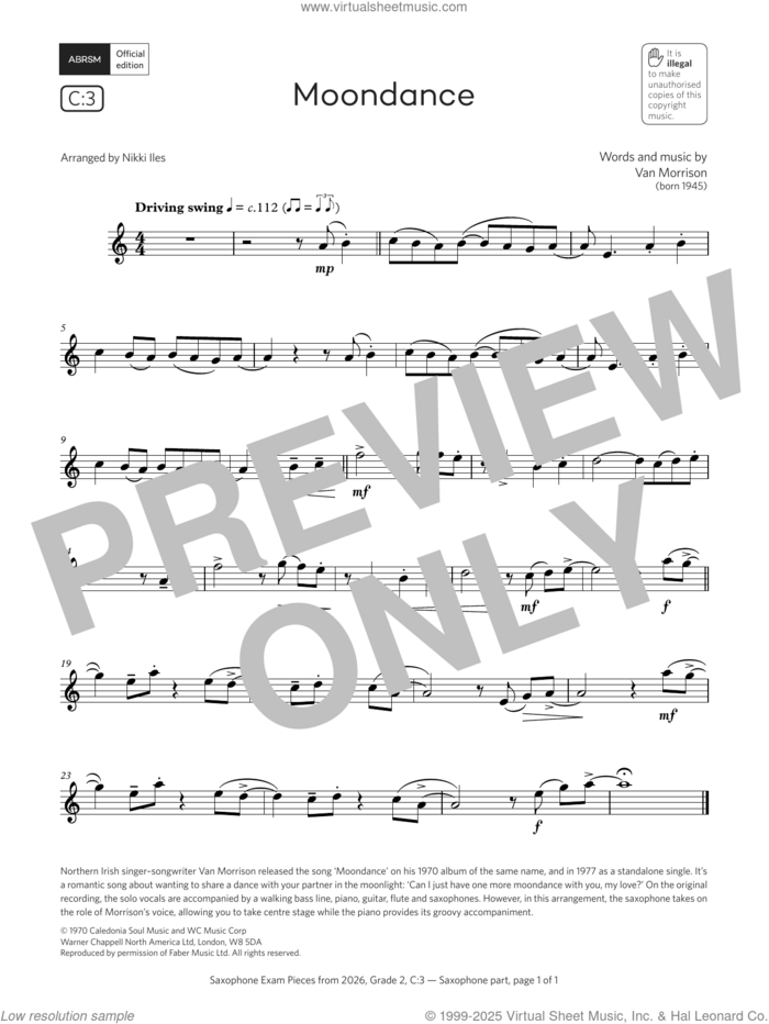 Moondance (Grade 2, list C3, from the ABRSM Saxophone Syllabus from 2026) sheet music for saxophone solo by Van Morrison and Nikki Iles, classical score, intermediate skill level