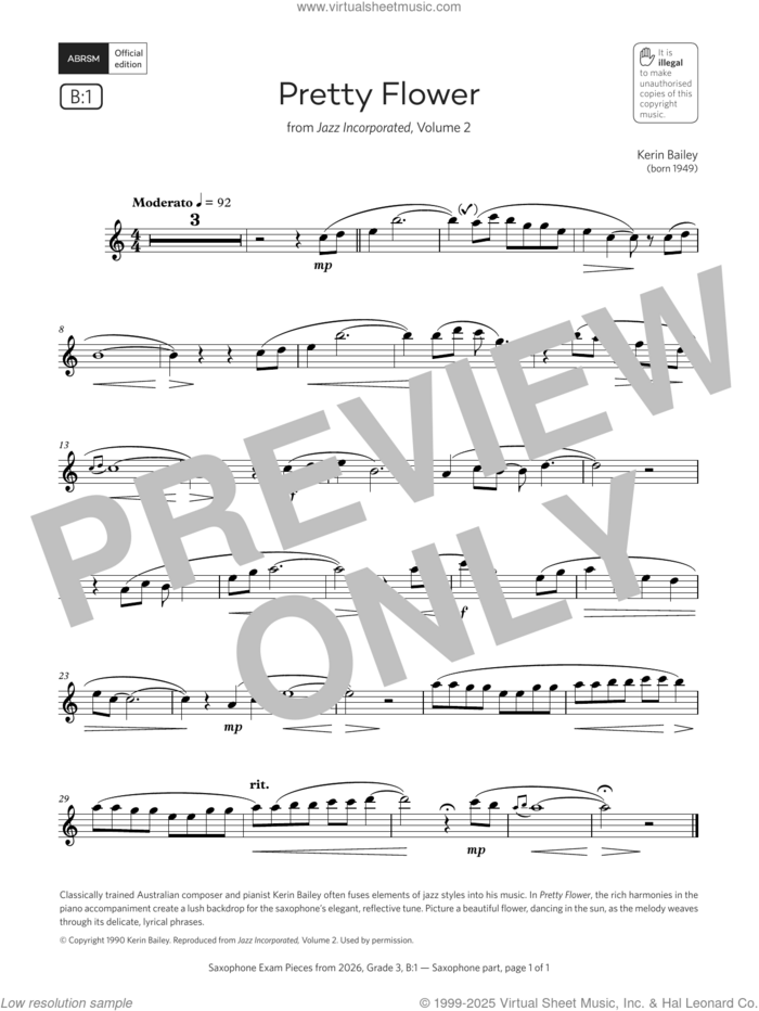 Pretty Flower (Grade 3, list B1, from the ABRSM Saxophone Syllabus from 2026) sheet music for saxophone solo by Kerin Bailey, classical score, intermediate skill level