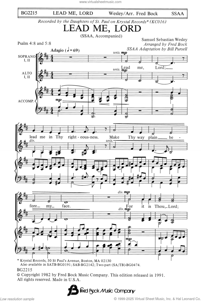 Lead Me, Lord (arr. Fred Bock) sheet music for choir (SSAA: soprano, alto) by Samuel Sebastian Wesley and Fred Bock, intermediate skill level