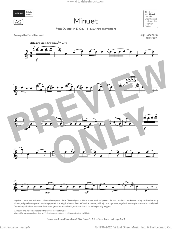 Minuet (Grade 3, list A2, from the ABRSM Saxophone Syllabus from 2026) sheet music for saxophone solo by Luigi Boccherini and David Blackwell, classical score, intermediate skill level