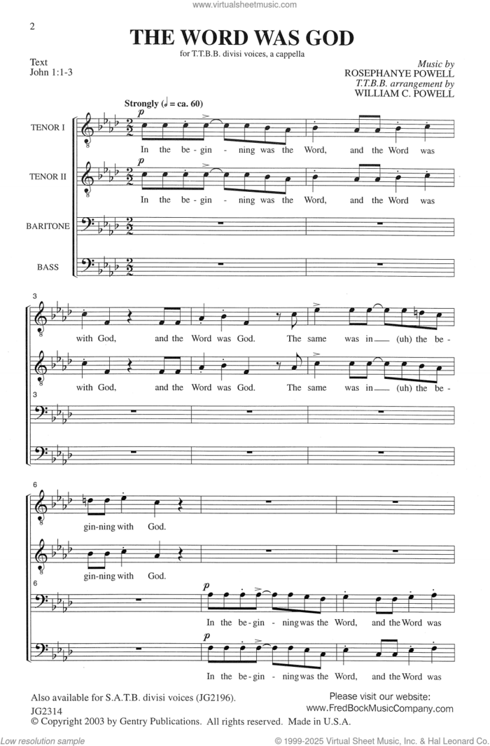 The Word Was God (arr. William Powell) sheet music for choir (TTBB: tenor, bass) by Rosephanye Powell and William Powell, intermediate skill level