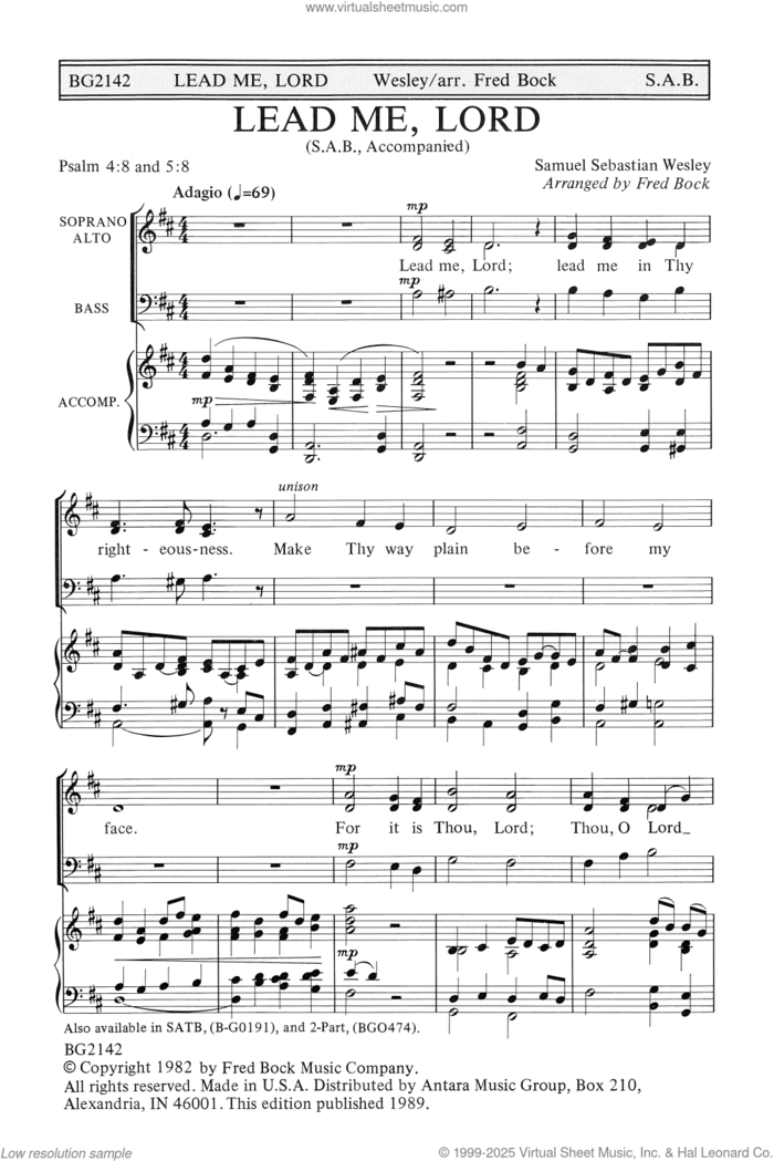 Lead Me, Lord (arr. Fred Bock) sheet music for choir (SAB: soprano, alto, bass) by Samuel Sebastian Wesley and Fred Bock, intermediate skill level