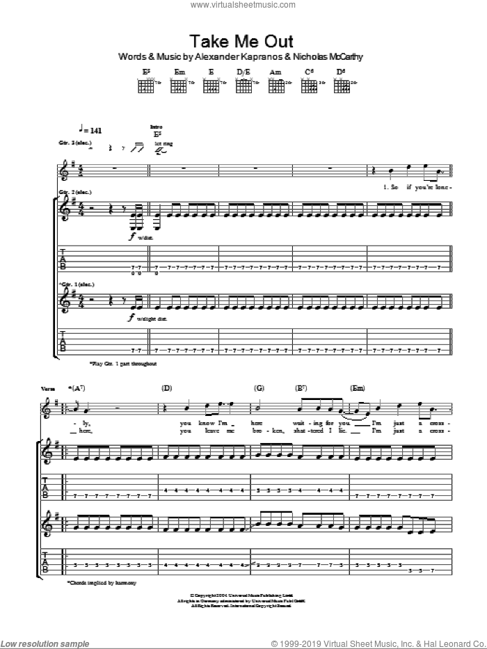 Take Me Out sheet music for guitar (tablature) by Franz Ferdinand, Alexander Kapranos and Nicholas McCarthy, intermediate skill level