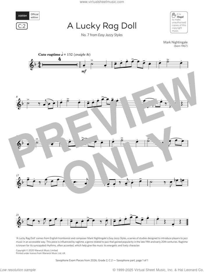 A Lucky Rag Doll (Grade 2, list C2, from the ABRSM Saxophone Syllabus from 2026) sheet music for saxophone solo by Mark Nightingale, classical score, intermediate skill level
