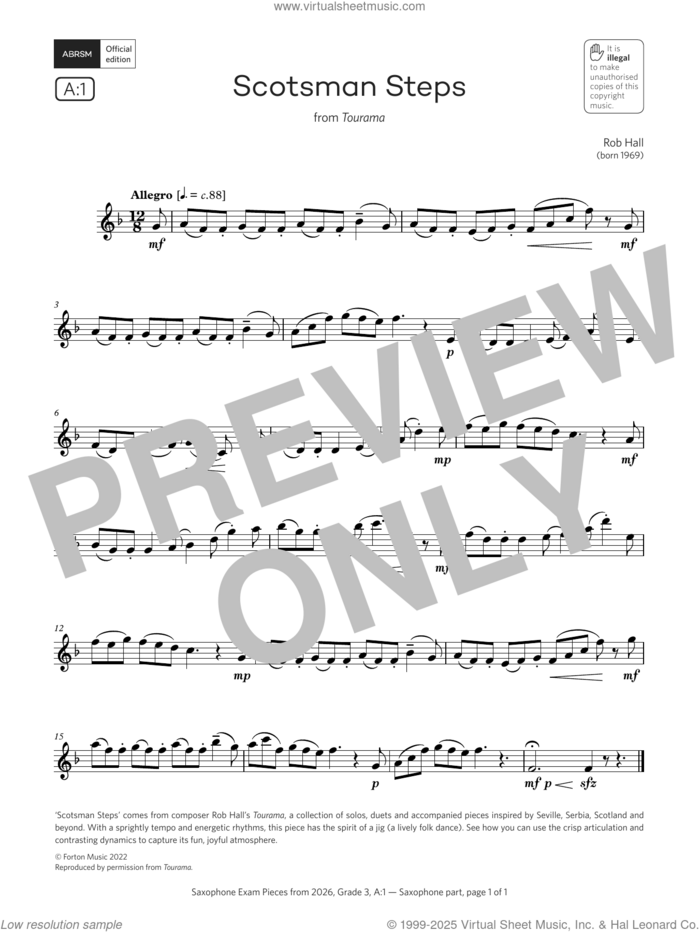 Scotsman Steps (Grade 3, list A1, from the ABRSM Saxophone Syllabus from 2026) sheet music for saxophone solo by Rob Hall, classical score, intermediate skill level