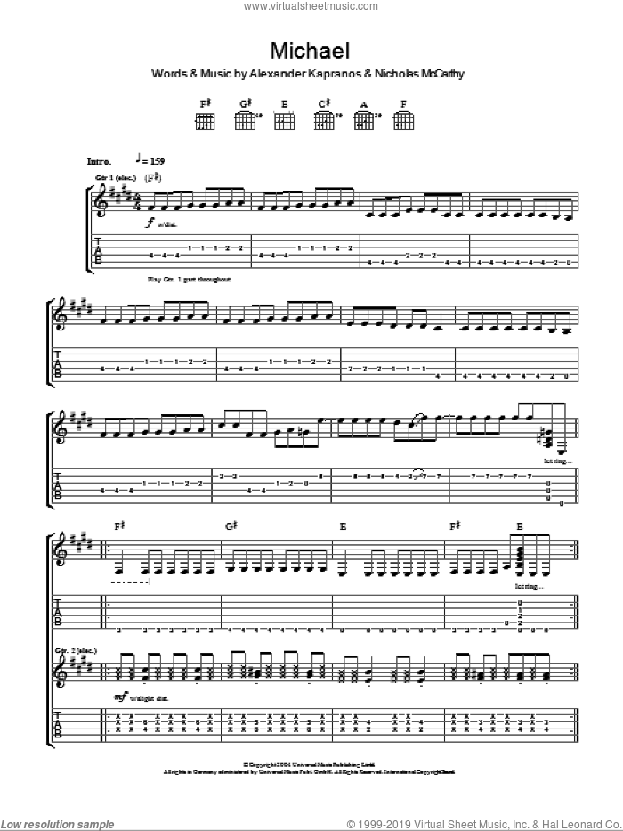 Michael sheet music for guitar (tablature) by Franz Ferdinand, Alexander Kapranos and Nicholas McCarthy, intermediate skill level