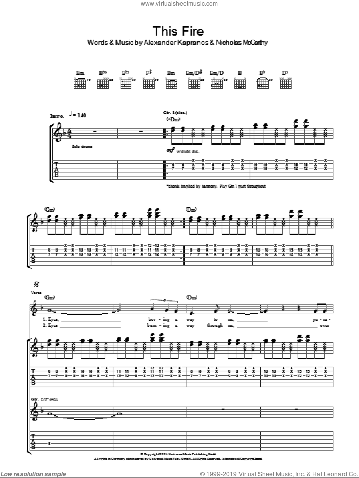 This Fire sheet music for guitar (tablature) by Franz Ferdinand, Alexander Kapranos and Nicholas McCarthy, intermediate skill level